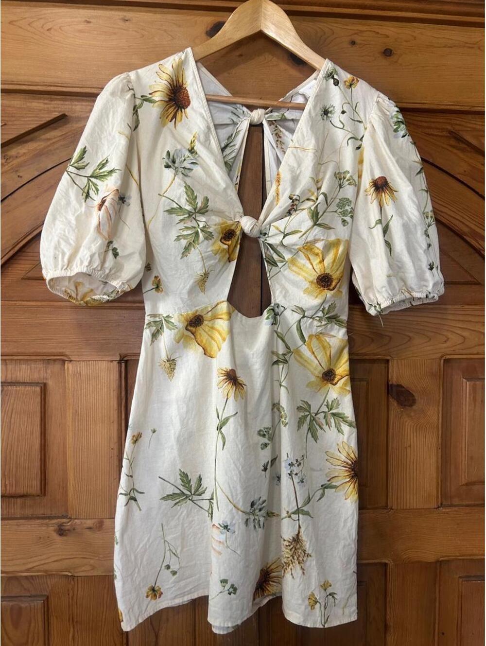 Floral Puff Sleeve Mini Dress with Tie Front and Back Cutouts